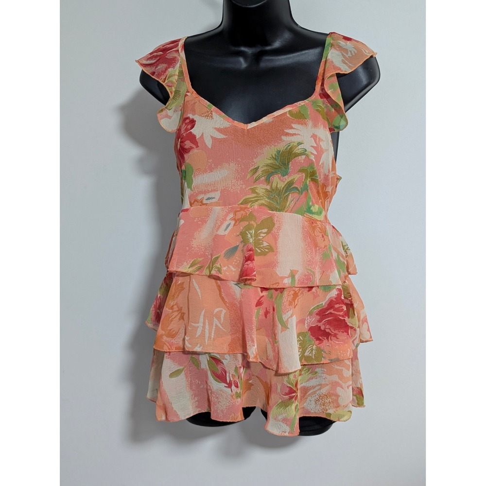 Oh Mamma Floral Tiered Maternity Ruffle Sleeve Top Blouse Women's Size Medium